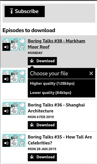 Screen shot of the BBC application, where you can choose between low and high file quality when downloading the episode.