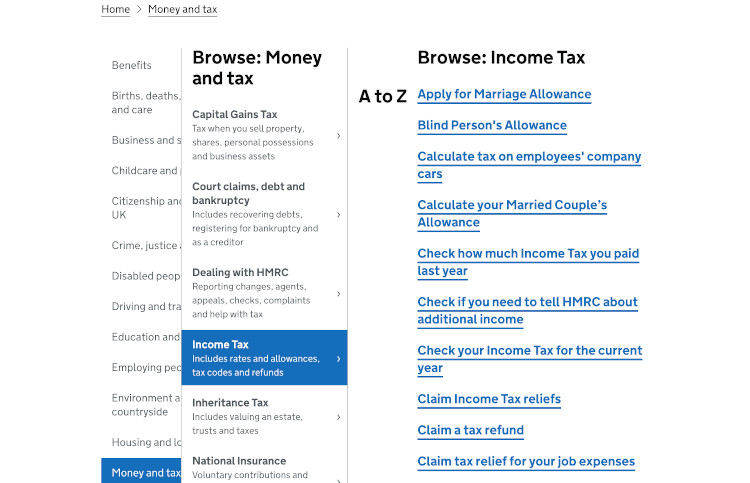 Tree diagram of the menu from the British government website