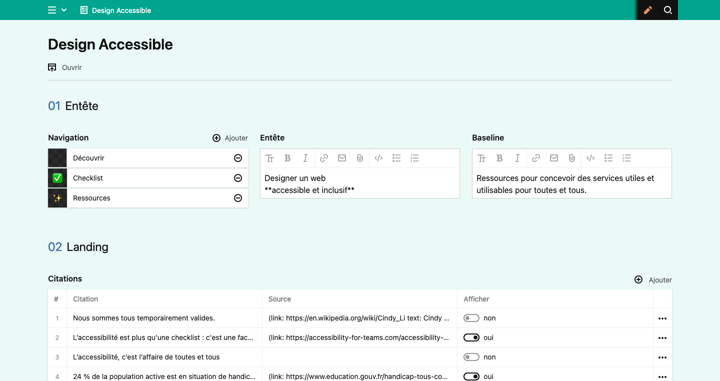 Admin dashboard for a website made using KIirby. It shows the different fields that can be edited. 