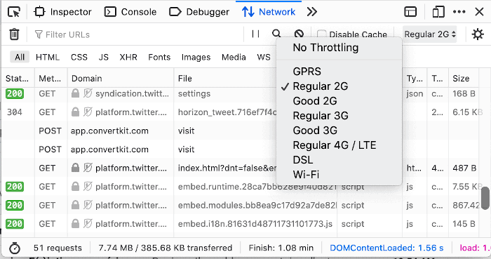 Firefox developer tools in the Network tab showing different types of connection