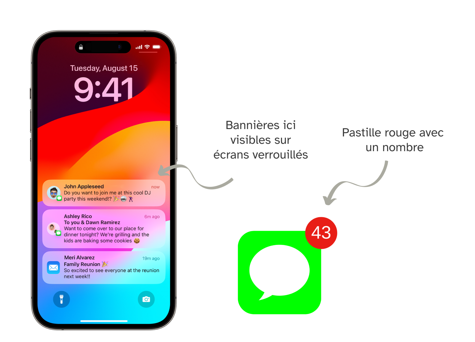 Écran de smartphone présentant trois notifications sous forme de bannières. Pastille rouge placée en haut à droite d’une icône et alertant de la présence de 43 messages non-lus.
