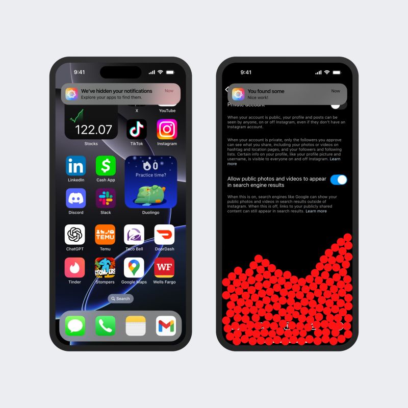 Une notification nous indique d’explorer nos applications pour trouver nos notifications. Puis nous arrivons dans une application avec plein de points rouges et une notification nous indique que nous avons trouvé des notifications.
