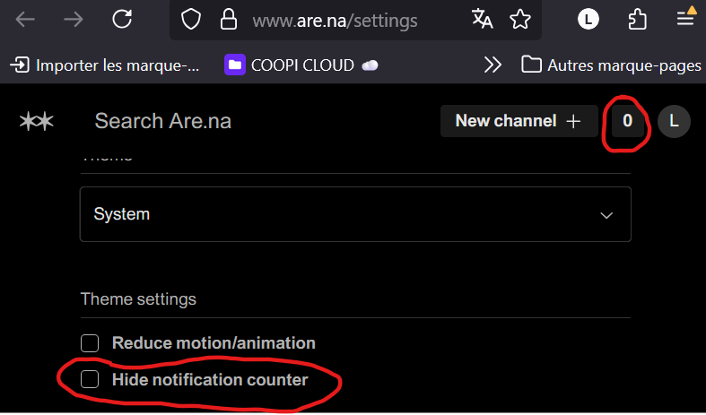 Sur are.na, une checkbox nous propose de cacher le centre de notifications.