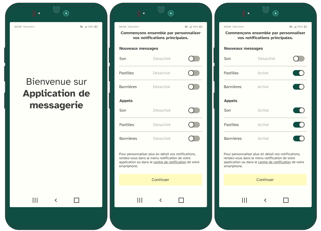 Lors du premier lancement de l’application, l’utilisateur peut paramétrer les notifications principales.