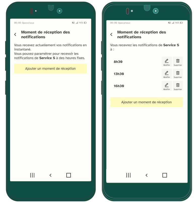 Écran permettant de paramétrer la réception des notifications à des heures précises.