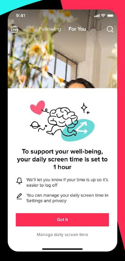 Écran de Tik Tok proposant à l’utilisateur de valider un temps d’écran de 1h maximum afin d’impacter notre bien être.