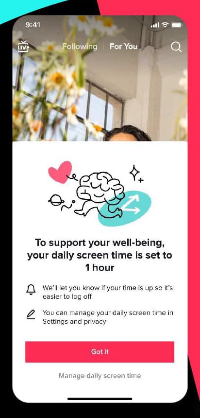 A Tik Tok screen that allows users to validate a maximum of 1 hour of screen time in order to have an impact on our well-being.