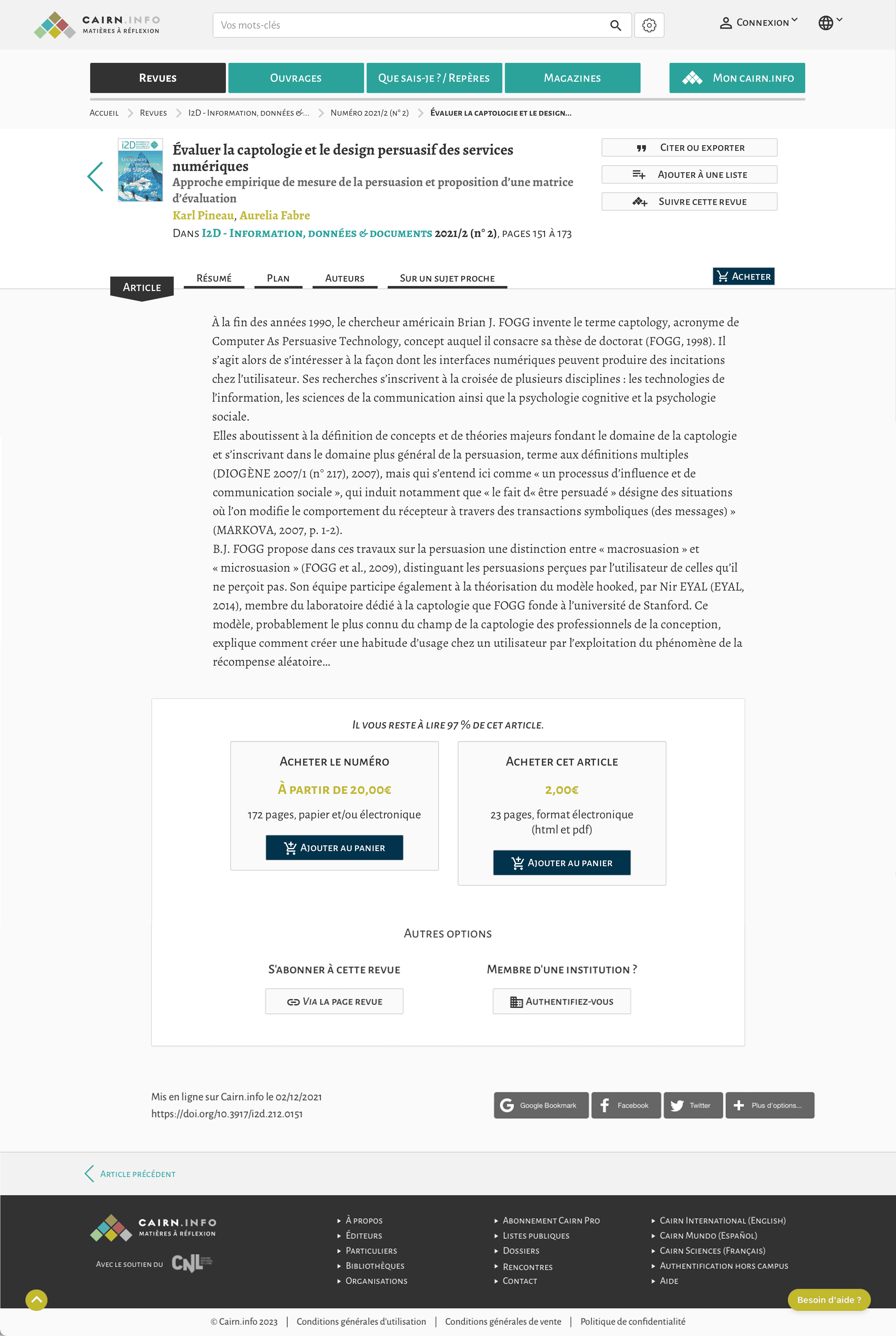 Page web du site Cairn avec le descriptif du magazine i2D. On peut voir le descriptif. Le détail de l’article est payant. 