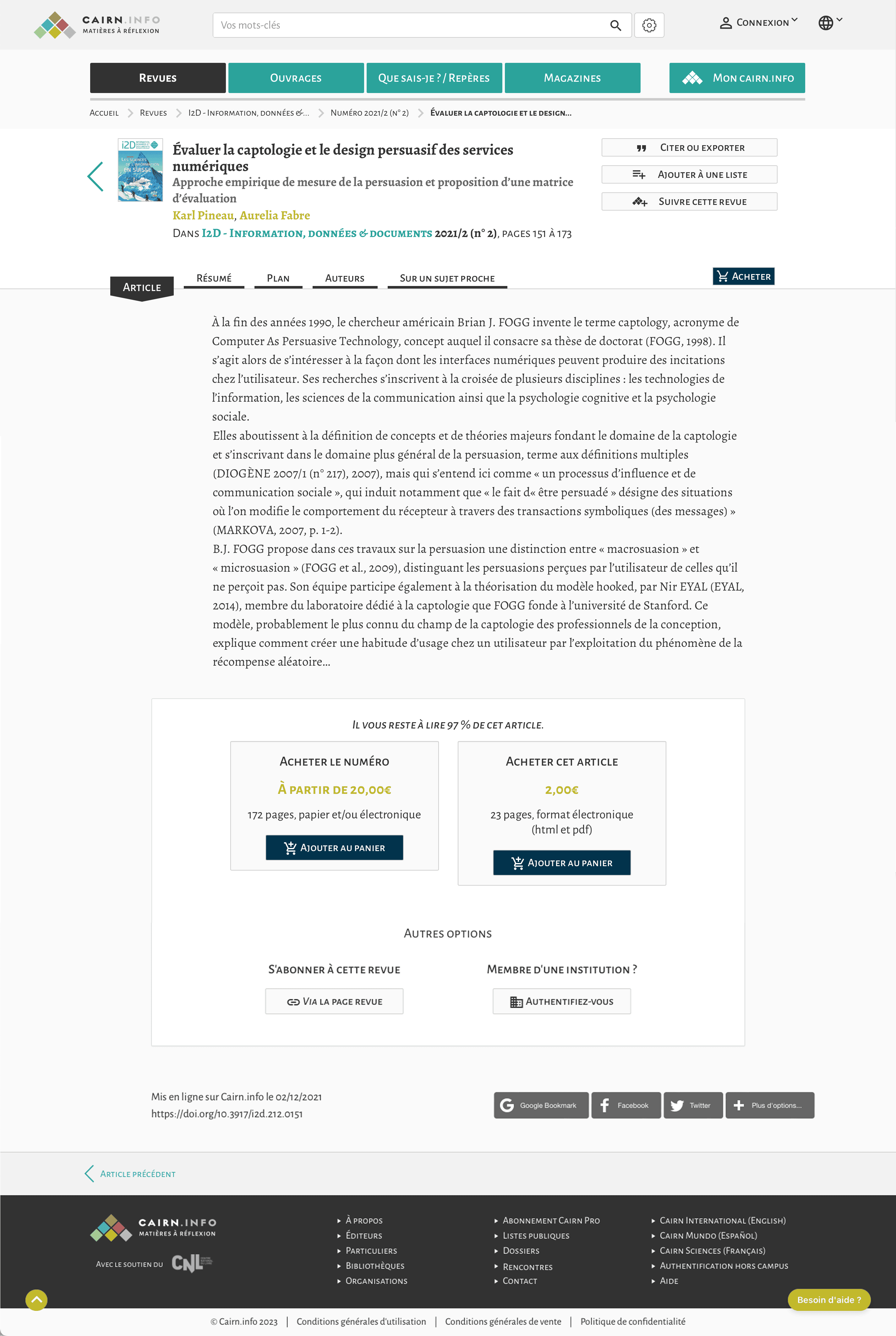 Web page of the Cairn site with the description of the i2D magazine. You can see the description and details of the article are available for a fee.