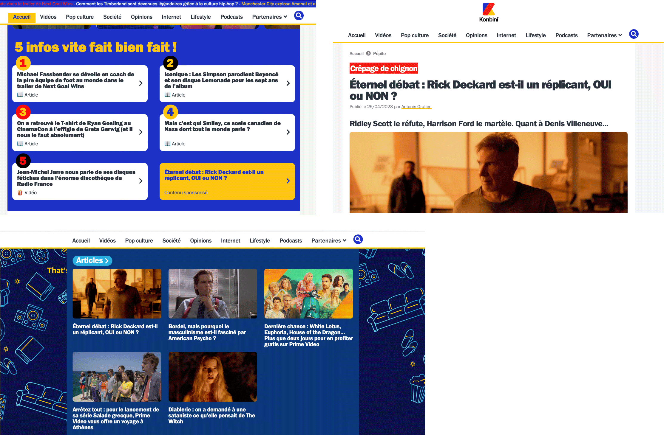 3 pages of Komini. On the first home page, you'll see 6 news items with links to the articles. The article concerned is indicated as sponsored content. The second page corresponds to the article. There is no indication that this is advertising content. The third page corresponds to the article category. No indication that this is advertising content here either.
