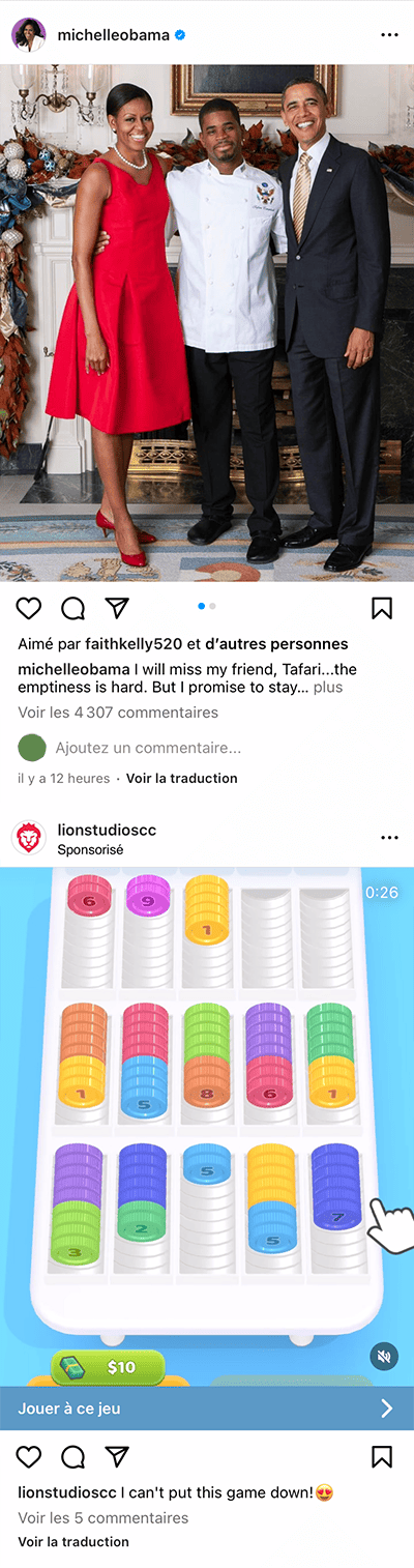 Instagram feed with an advertising in the middle of the content.