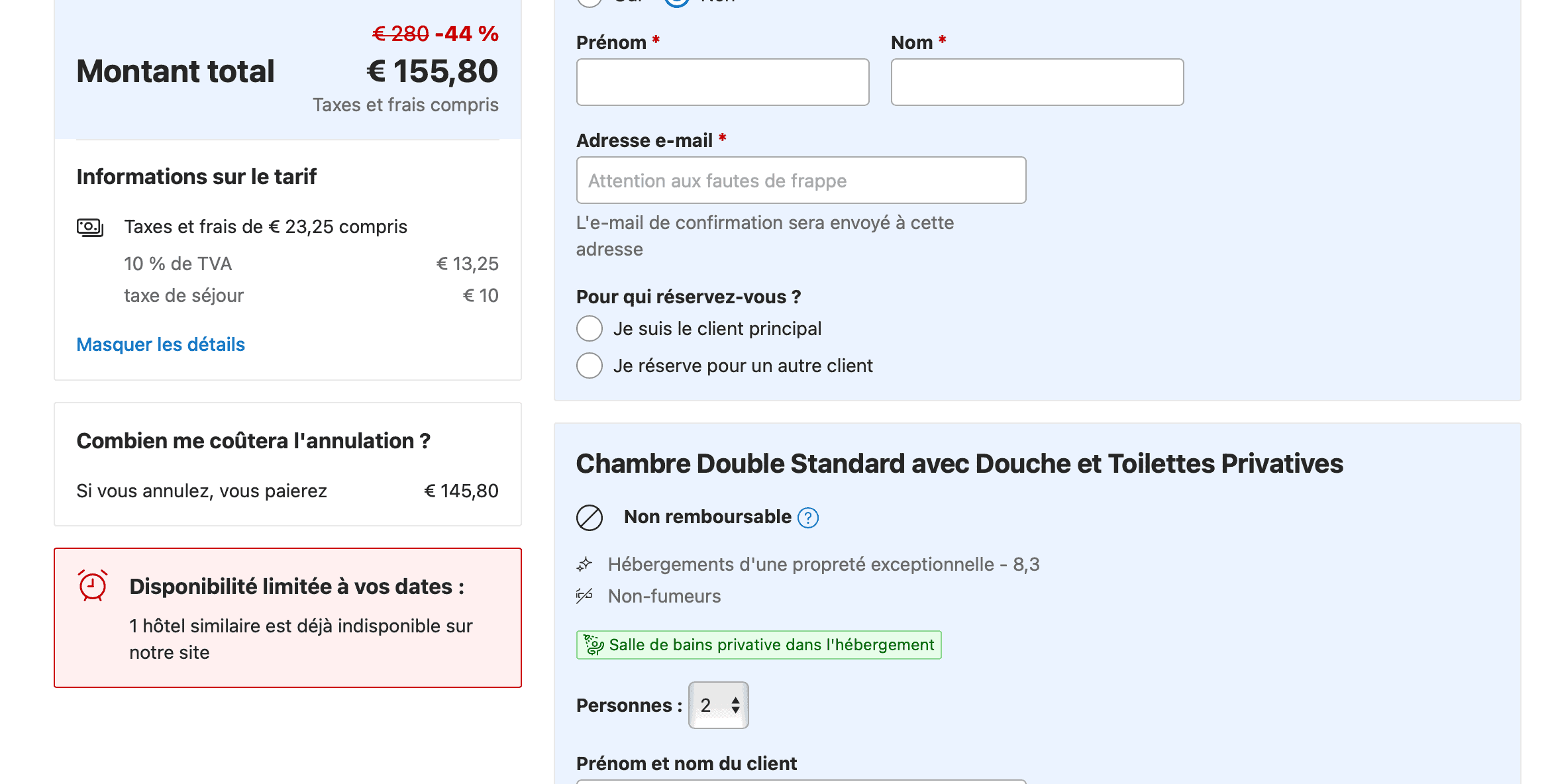 page de réservation d’un hôtel. Champs pour remplir les informations. Zon rouge en bas à gauche avec une icône réveil, le titre “Disponibilité limitée à vos dates :” et le texte “1 hôtel similaire est déjà indisponible sur notre site”.