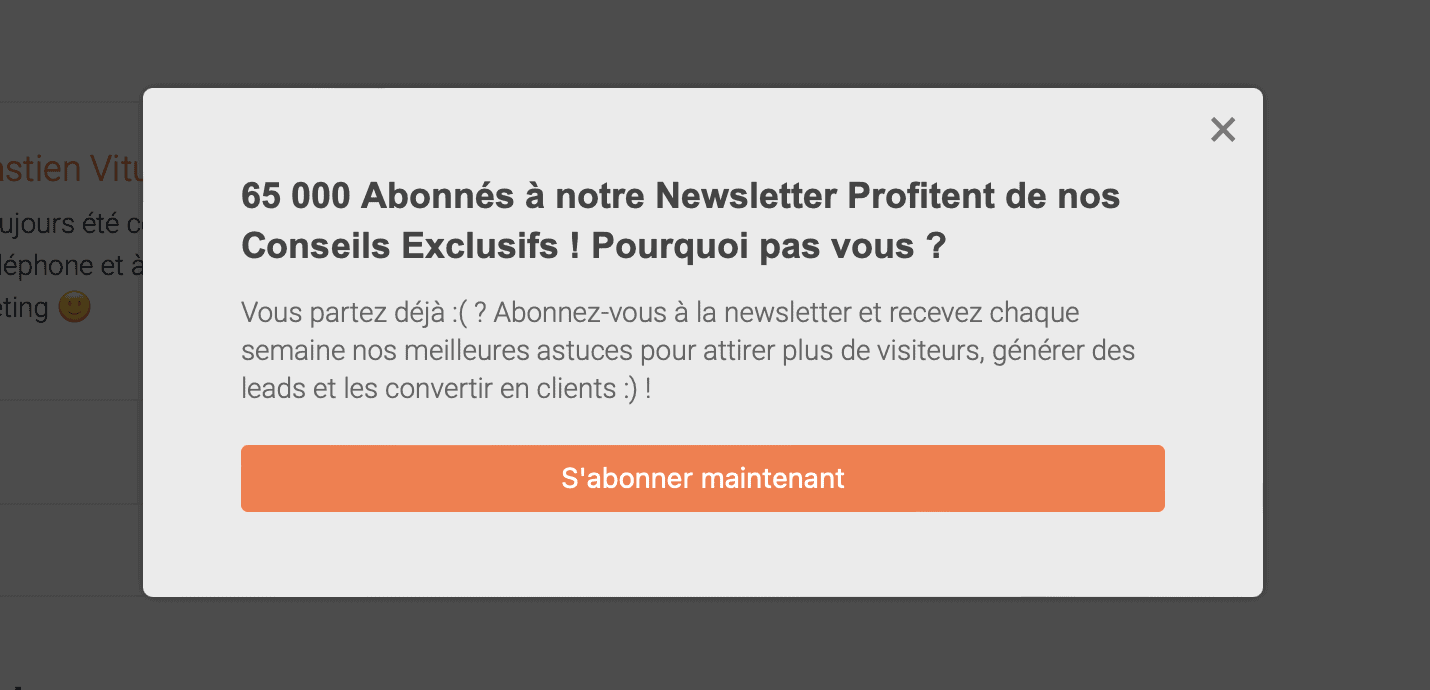Pop-up with the title '65,000 Subscribers to our Newsletter Benefit from Our Exclusive Tips! Why not you?' followed by the text 'Are you leaving already?:( Subscribe to the newsletter and receive our best tips every week to attract more visitors, generate leads, and convert them into customers!:)' Button 'Subscribe Now''
