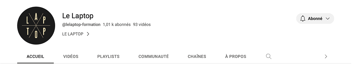 YouTube page detail. It includes the page image and the name 'Laptop', @laptop-formation 1,01k abonnés, 93 vidéos
