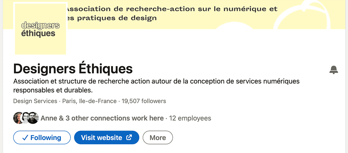 LinkedIn page detail. It includes the image, the name 'Ethical Designers,' the description 'Association and action research structure around the design of responsible and sustainable digital services,' Design Services Paris, Île-de-France, 19,507 followers.