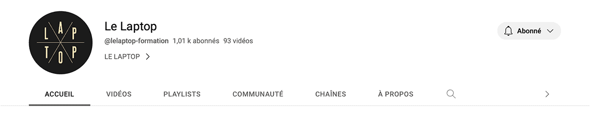 Détail d’une page sur Youtube. On a l’image de la page, le nom “Laptop”, @laptop-formation 1,01k abonnés, 93 vidéos