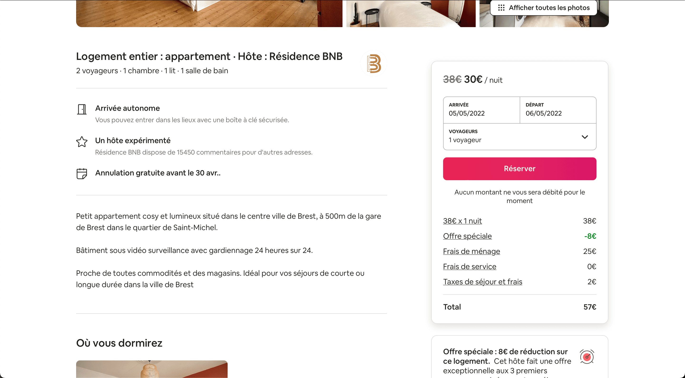 Airbnb accommodation detail page with the price detail on the right. It shows €38 crossed out replaced by €30 per night, followed by the dates, the number of guests, a 'book' button, and below the details: €38 x1 night equals €38, special offer -€8, Cleaning fee €25, Service fee €0, Tourist taxes and fees €2, Total €57.