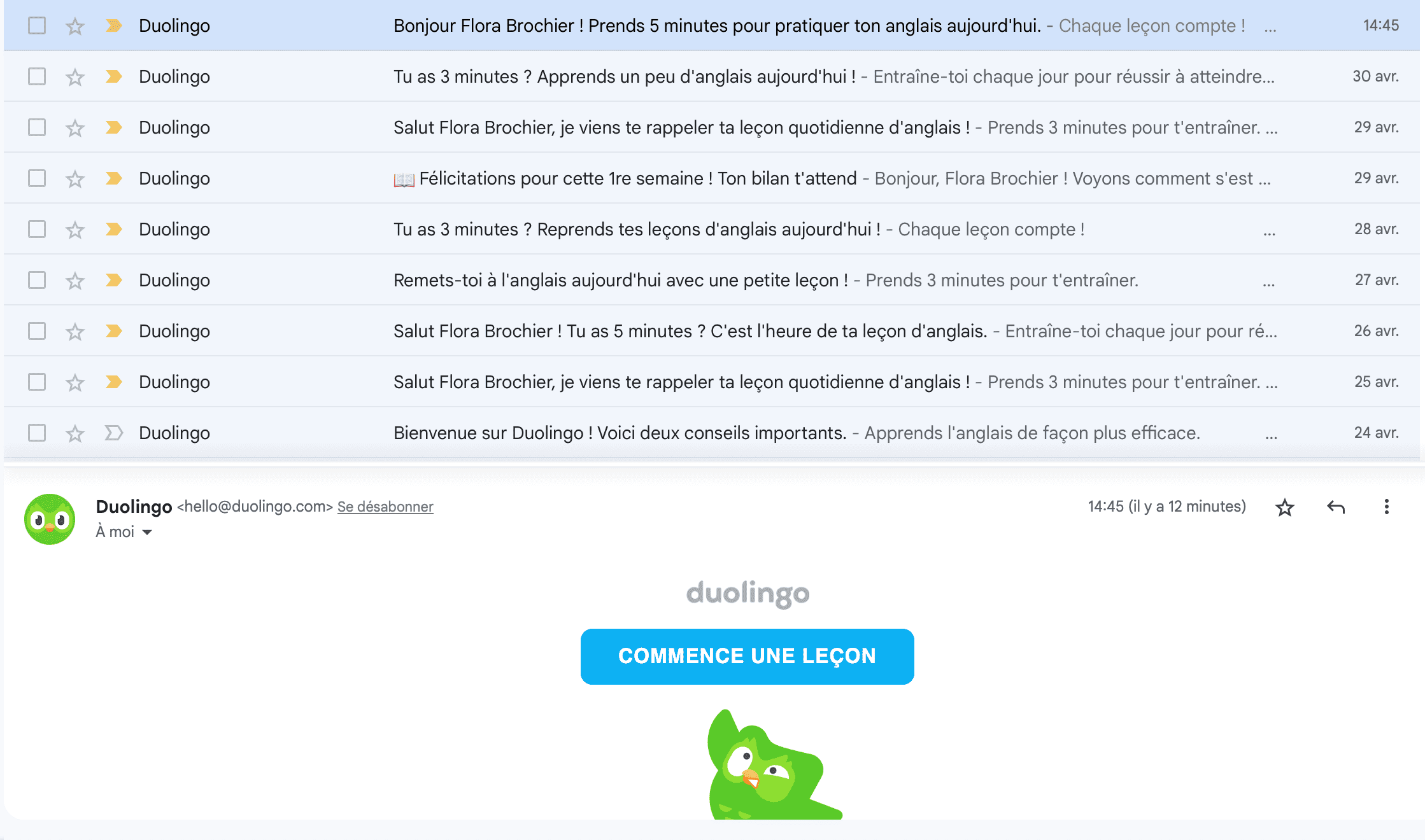 A user's view of Duolingo emails received. There is at least one email per day reminding them to start their lesson.