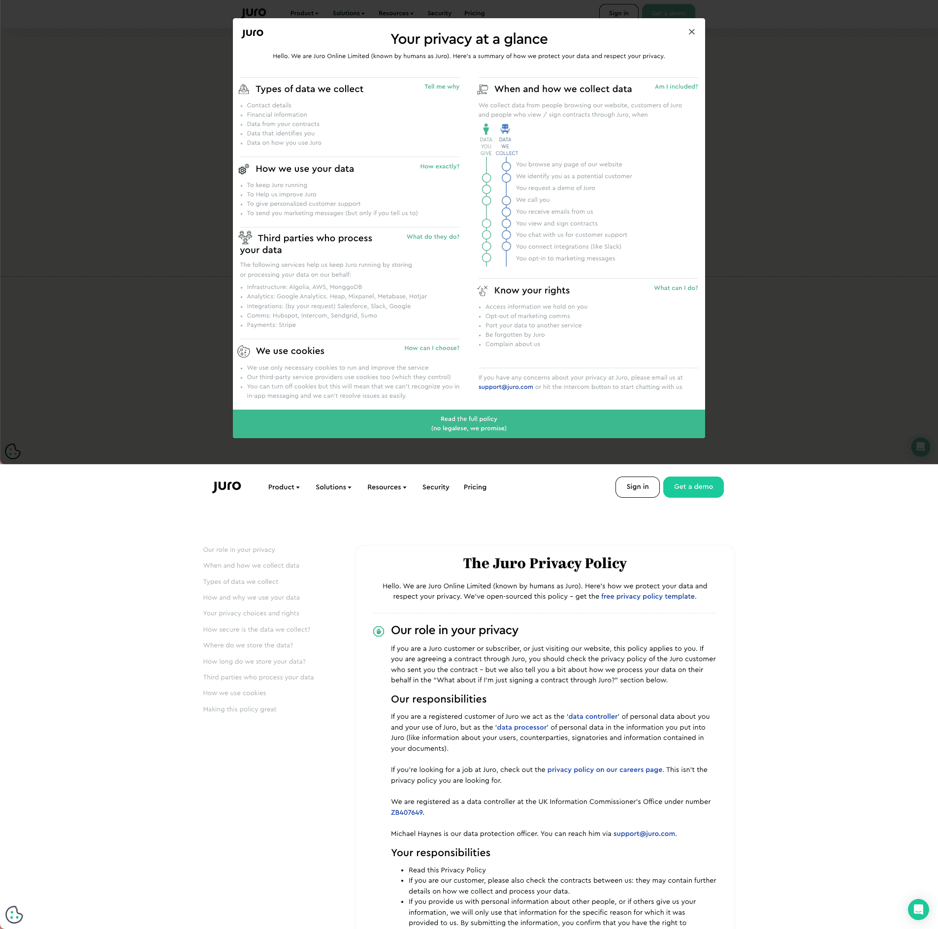 On the first screen, a synthetic view of personal data, described into listed main categories. On the second one, the detailed view of information related to personal data.