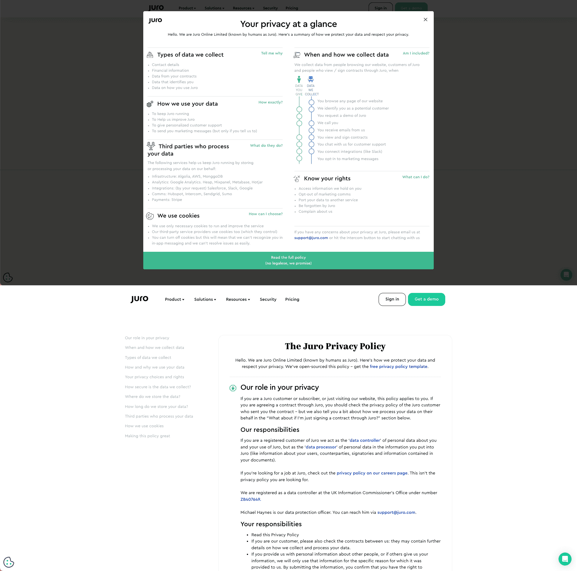 Sur le premier écran, une vision synthétique des données personnelles, décrites en grandes catégories et en liste. Sur le deuxième écran, nous avons le détail complet des informations relatives aux données personnelles.