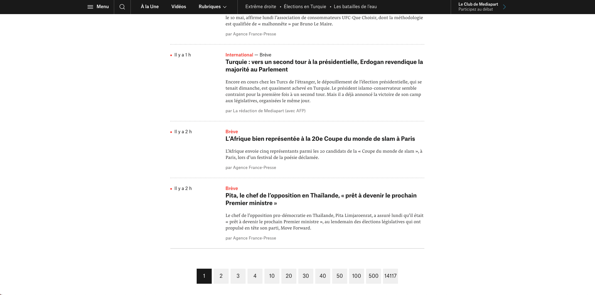 Page présentant les actualités de Mediapart. Les actualités sont rangées par ordre chronologique avec une pagination.