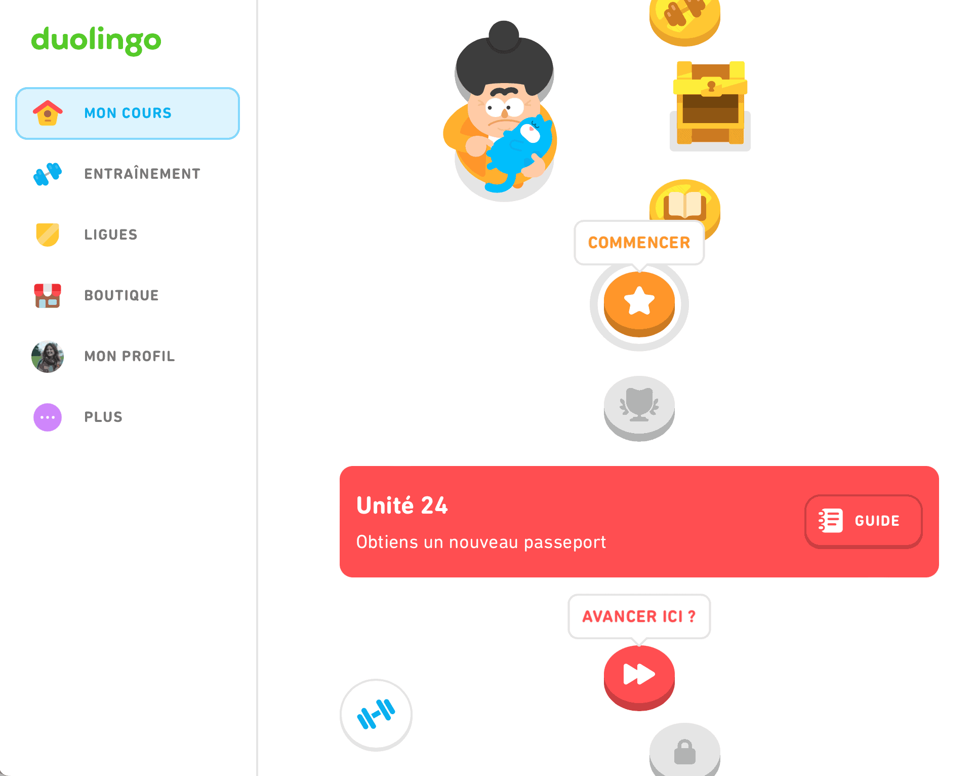 Duolingo interface. View of the current lesson and subsequent ones in the form of buttons/ graphic elements similar to video games.