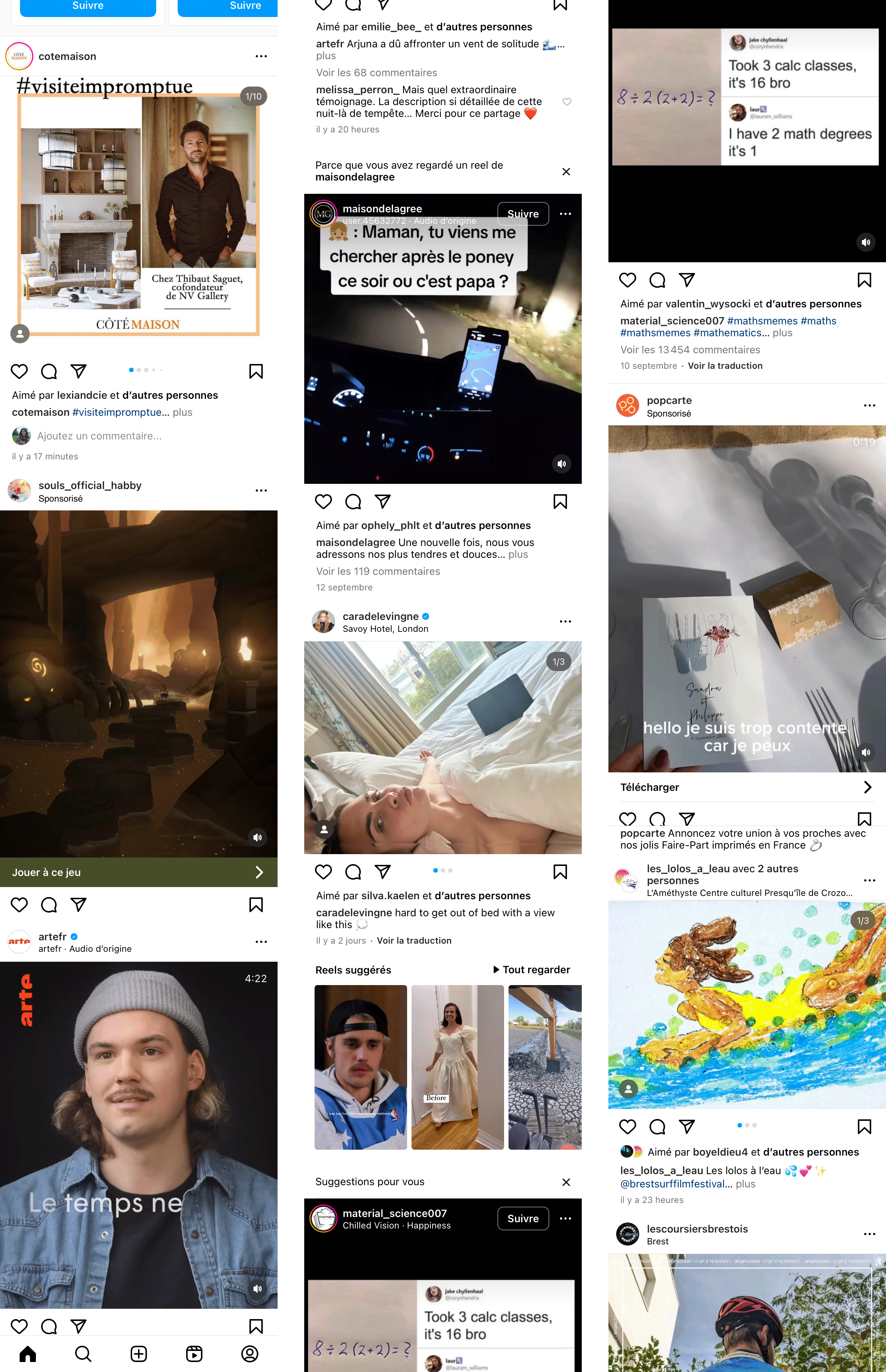 Instagram homepage, a list of posts is visible arranged in non-chronological order.