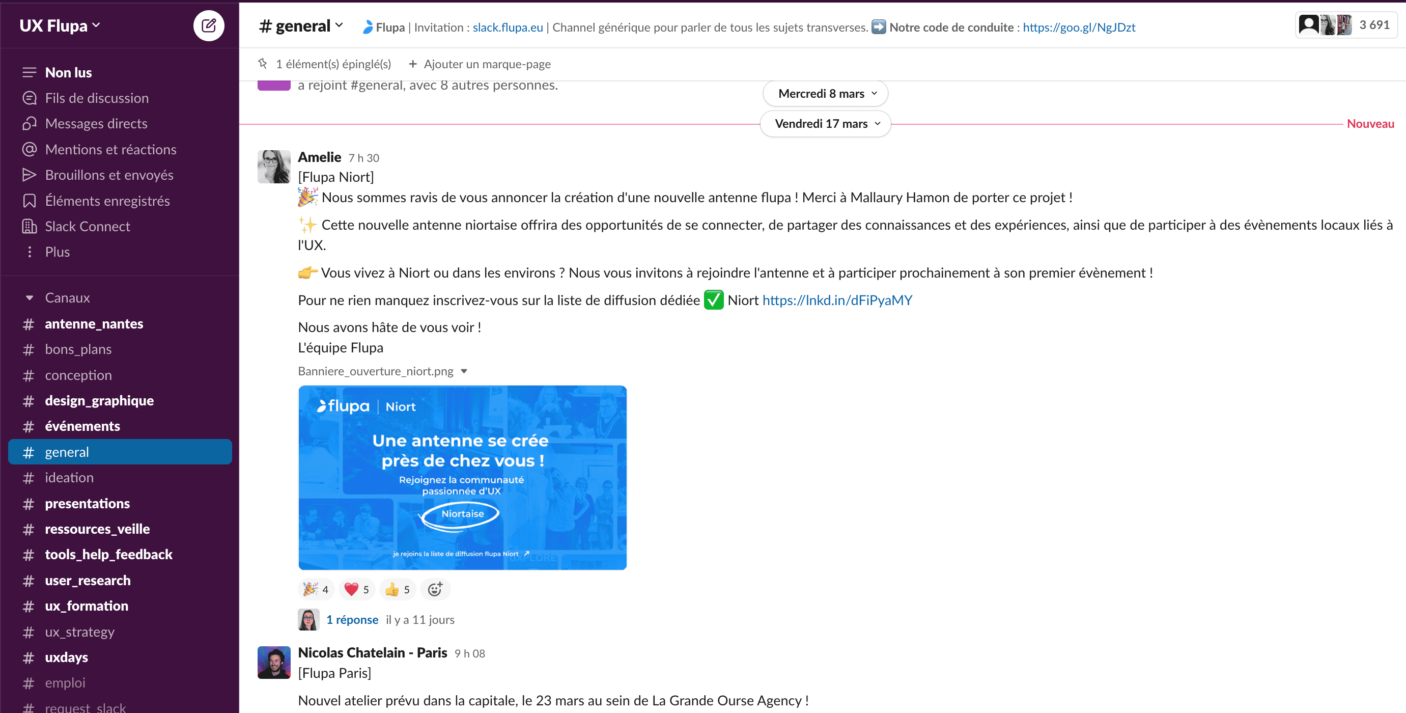 Slack interface. In a chat channel, a list of messages is displayed in chronological order. A red line indicates unread messages.