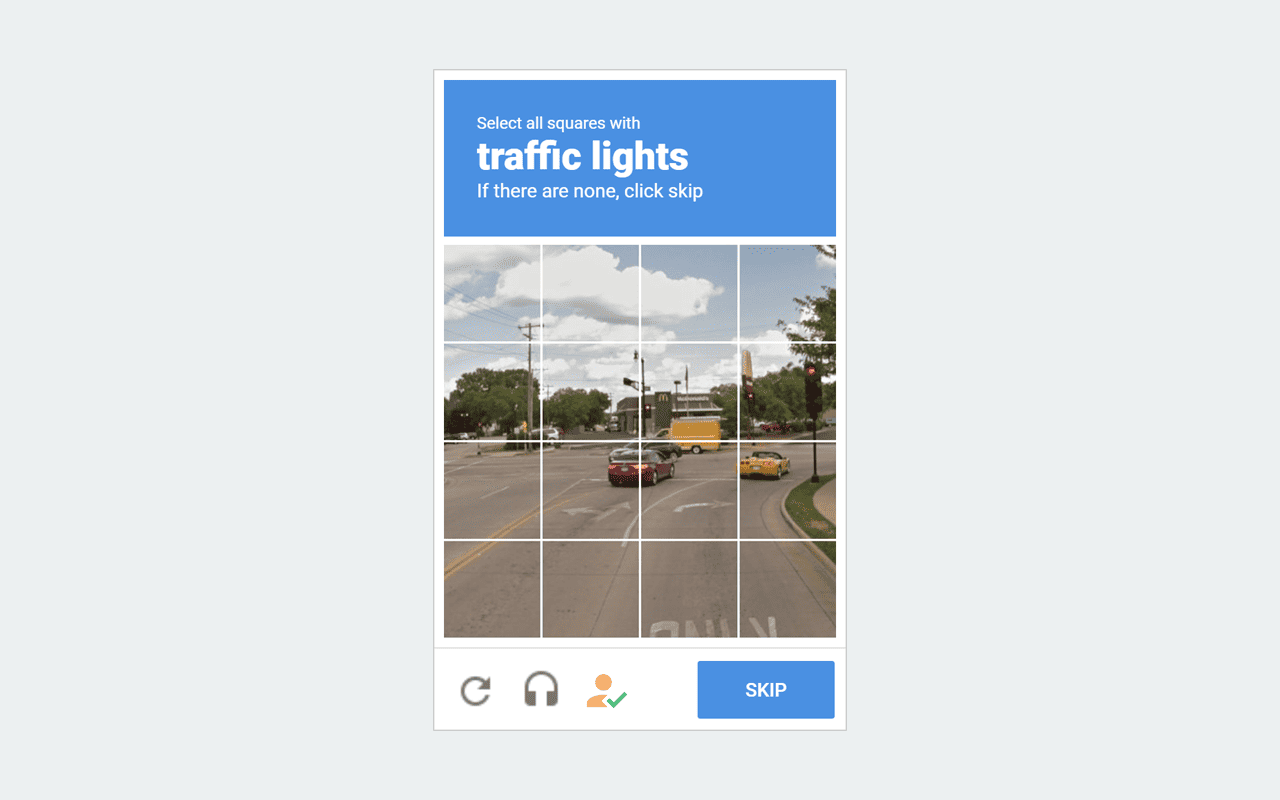 Captcha image, pictures frame of a road where we need to select the traffic lights.