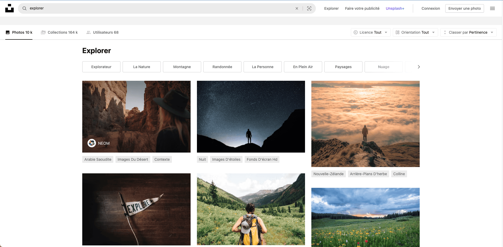 Screen showing the results of a search on Unsplash. The keyword searched for is visible, followed by a list of photographs.