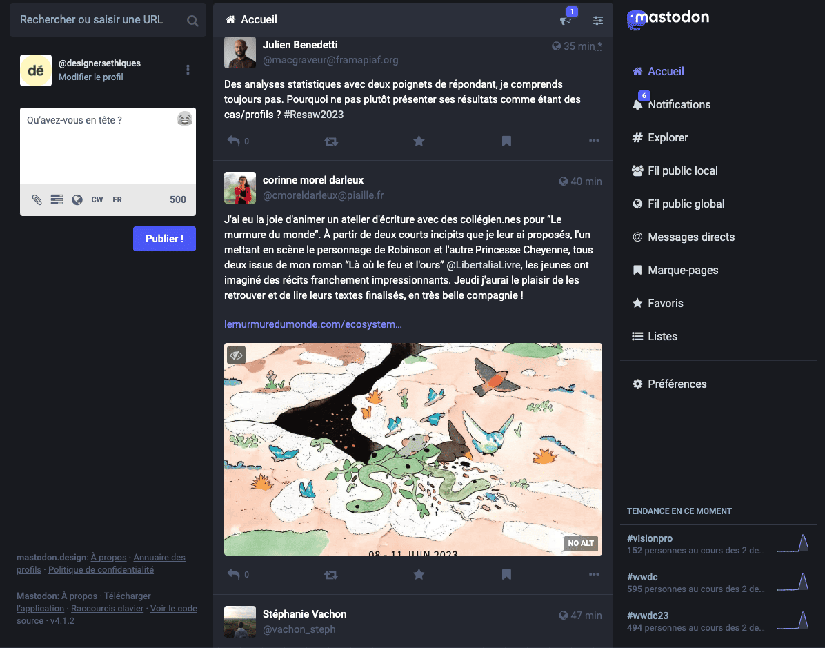 Mastodon home page, a list of posts is visible arranged in chronological order.