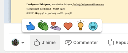 6 icônes LinkedIn. Pouce bleu, main verte qui applaudissent, main violette avec un coeur rouge au-dessus, coeur rouge, ampoule jaune brillante, smiley riant bleu clair.