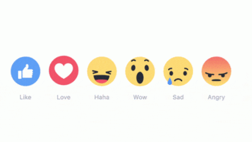 6 facebook icons. Like with thumb-up visuals on blue background, Love with heart on pink background, Haha smiley laughing, Wow smiley with open mouth, Sad smiley sad, Angry smiley angry with red forehead.