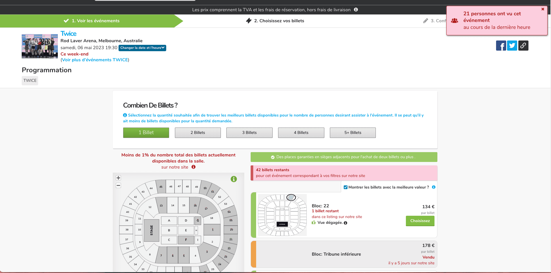 Twice website, on a show page. A red pop up appears on the top right part of the screen indicating '21 persons have seen this event during the last hour.' 