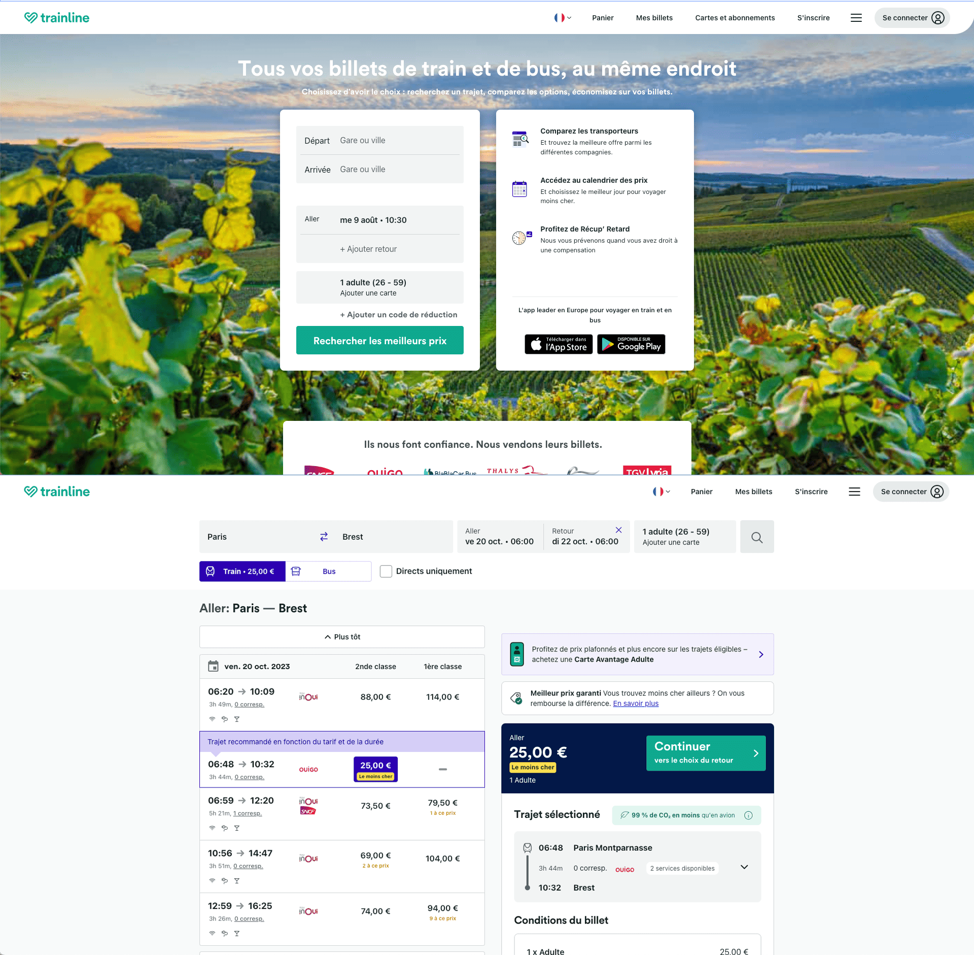 2 écrans de Trainline. Premier écran, page d’accueil de Trainline avec un formulaire avec le lieu de départ, arrivé la date de l’aller et du retour, l'âge du passager et un bouton pour rechercher les meilleurs prix. Sur le deuxième écran, nous avons une liste des trains classés par ordre chronologique. Le moins cher est mis en avant.