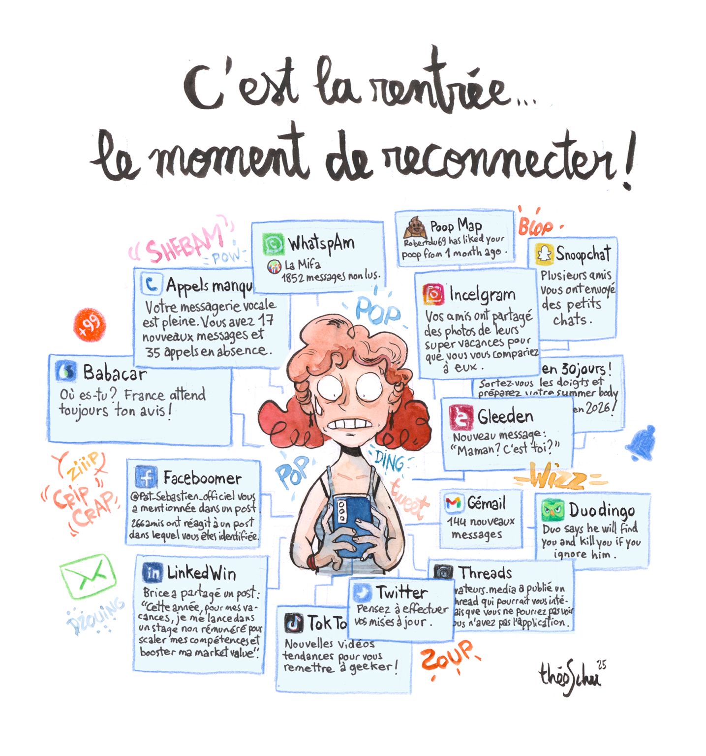C’est la rentrée… le moment de reconnecter ! La personne au centre de l’image est envahie de notifications.