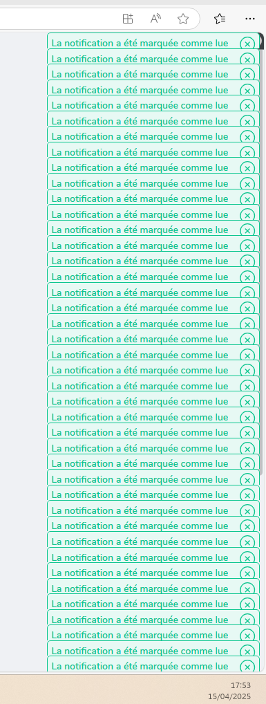 Un logiciel RH affiche 41 fois à la suite la même phrase : « La notification a été marquée comme lue. »