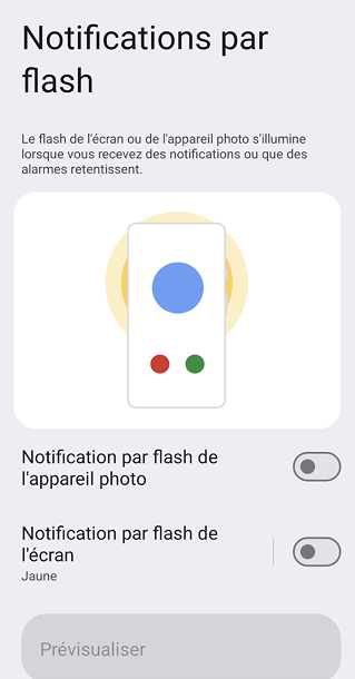 Écran avec la notification par flash. L’utilisateur peut activer des types de notifications par flash et leurs couleurs.