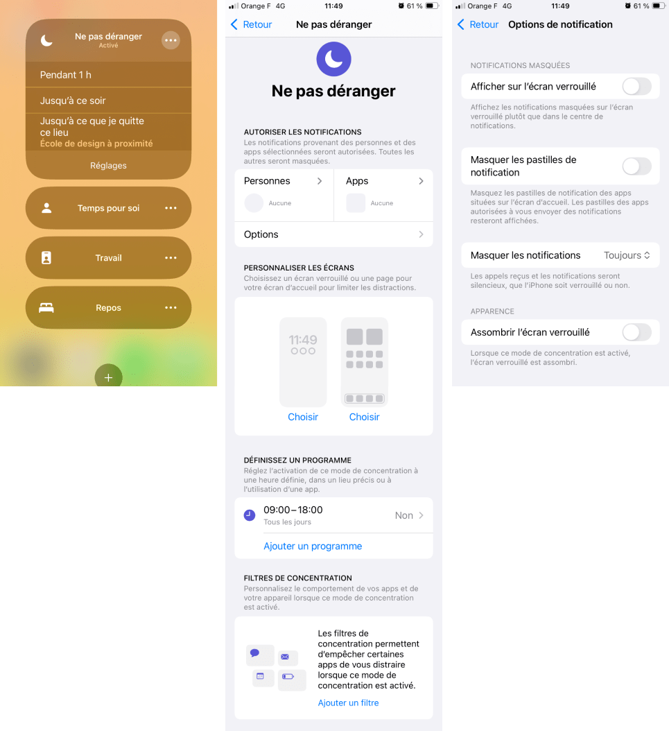 « Ne pas déranger » permet d’autoriser ou non les notifications, de définir des horaires, des filtres de concentration.