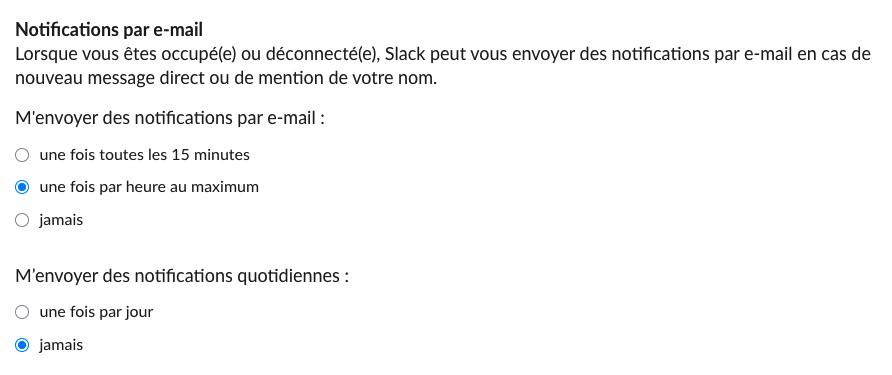 Le rythme des notifications se choisit sur Slack.