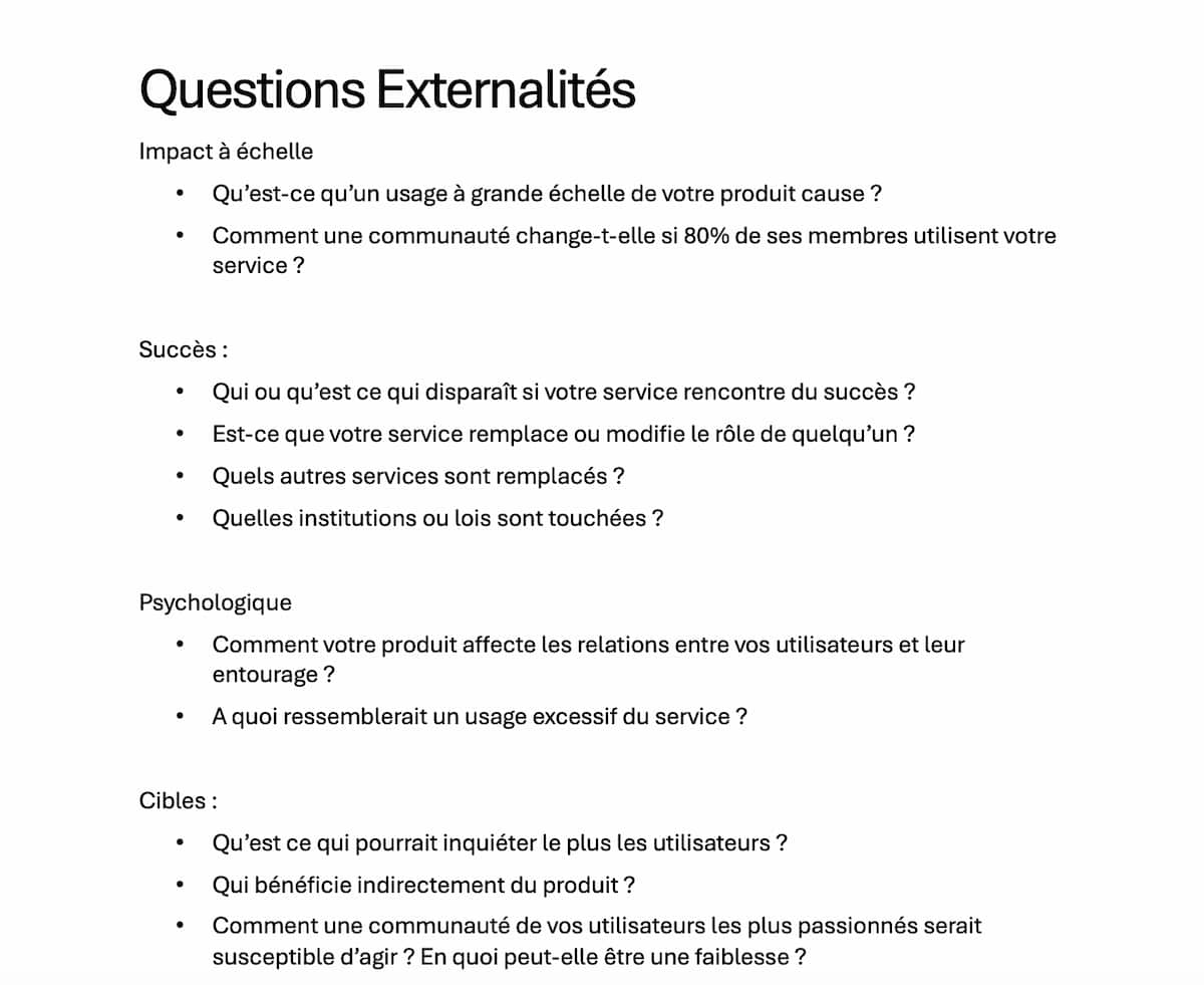 Liste de questions issues des Tarot Cards of Tech aidant à identifier les externalités du service