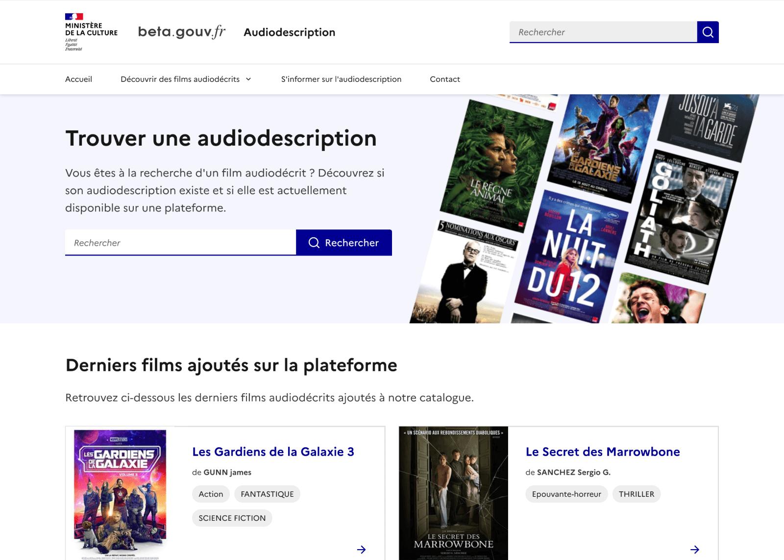 Page d'accueil de la plateforme Audiodescription