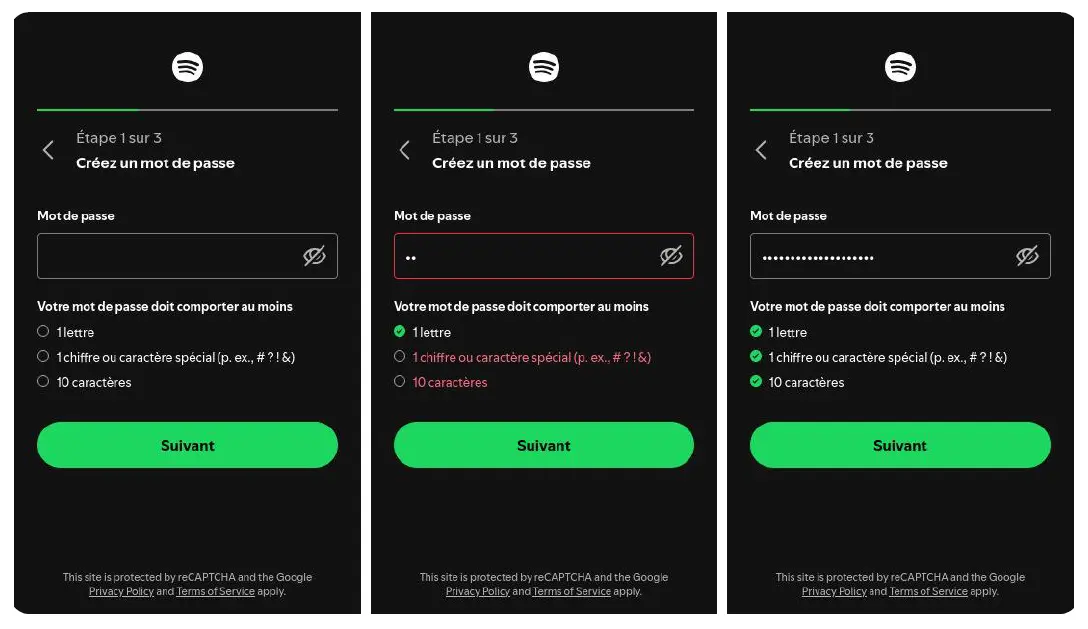 Création d’un mot de passe lors de l’ouverture d’un compte sur Spotify. 