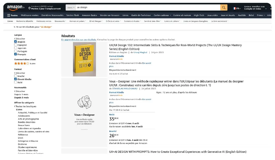 Recherche avec filtres sur le site Amazon