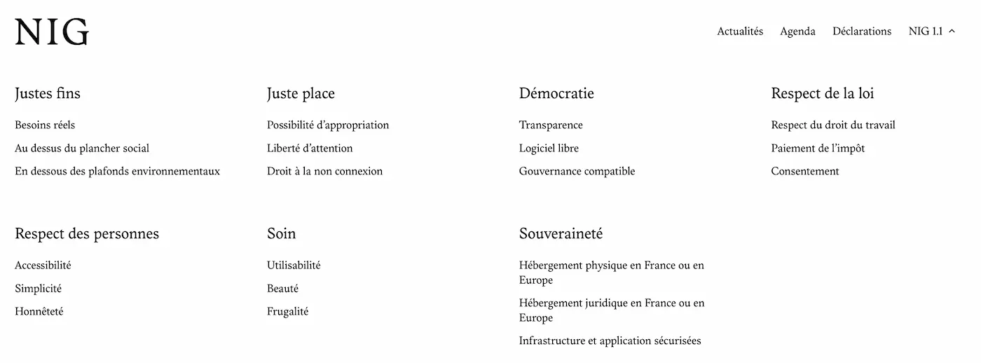 Liste des critères du référentiel Numérique d'intérêt général comprenant Justes fins, juste place, démocratie, respect de la loi et des personnes, soin et souveraineté