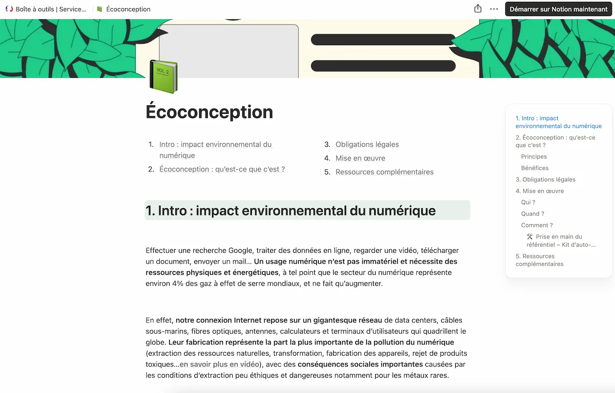 Page Ecoconception de la boîte à outils du SNUM montrant des éléments de contexte, des conseils de mise en oeuvre et des ressources