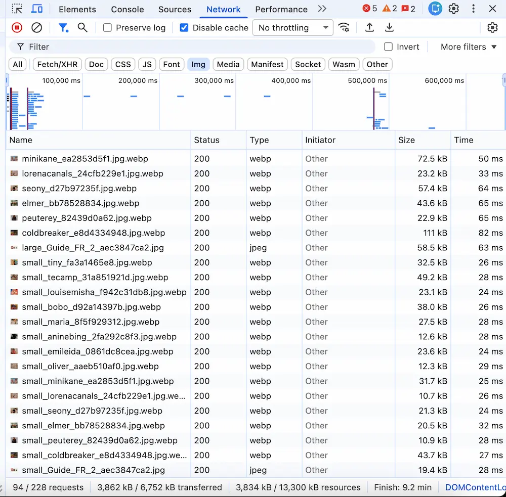 Outils de développement du navigateur ouvert sur l'onglet Réseau