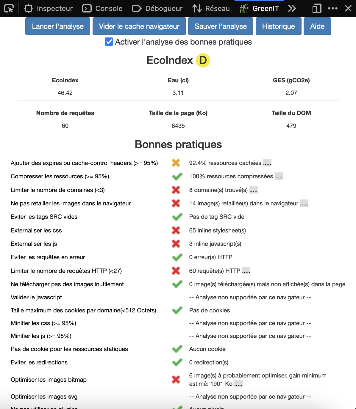 GreenIT-Analysis plugin showing a D rating and a list of best practices to be applied