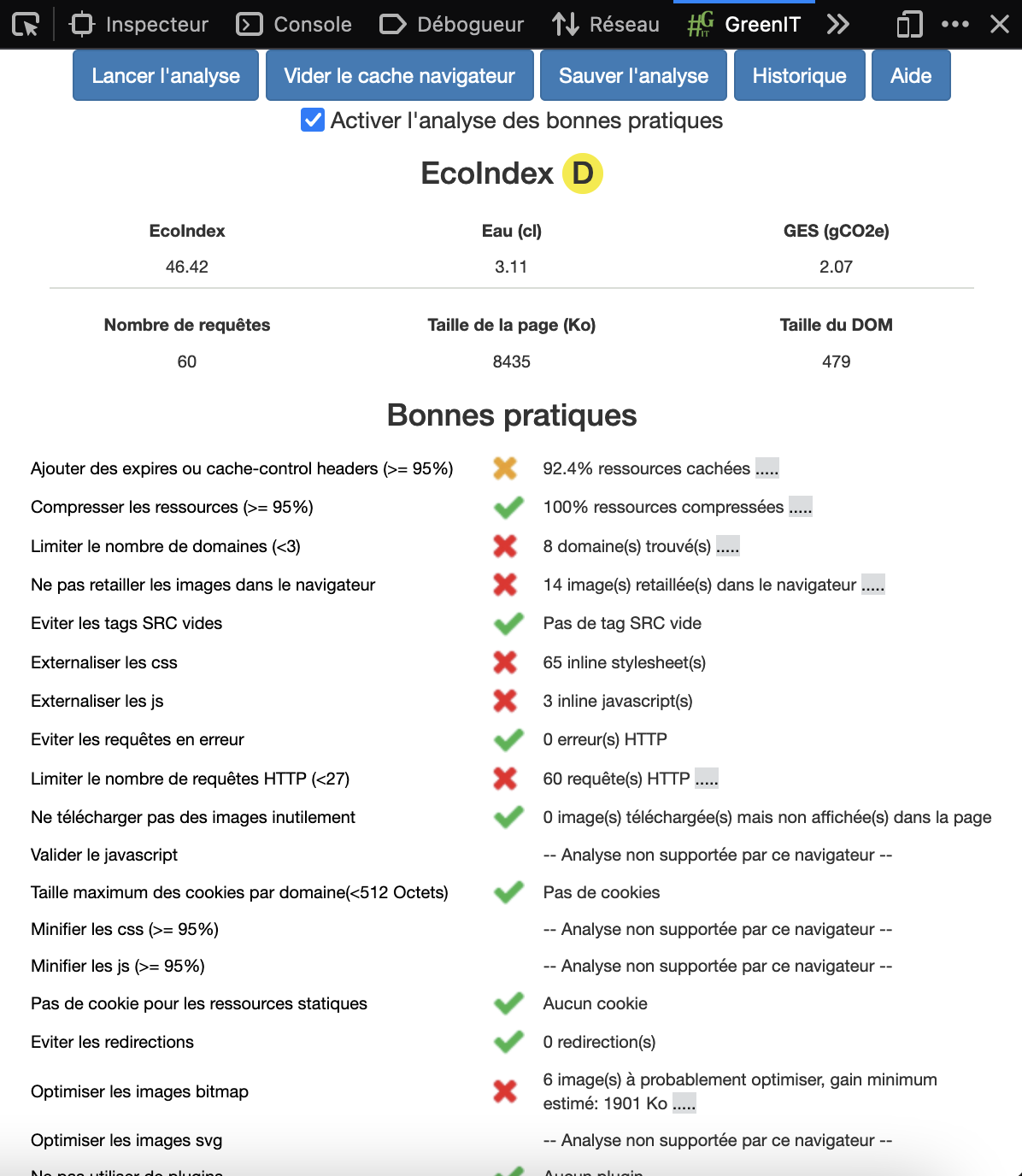 Plugin GreenIT-Analysis montrant une note de D et une liste de bonnes pratiques validées ou non