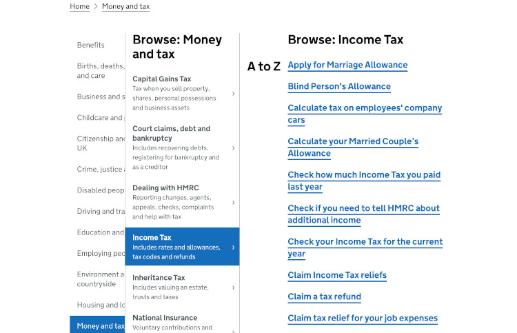 Arborescence structurée du menu du site du gouvernement anglais